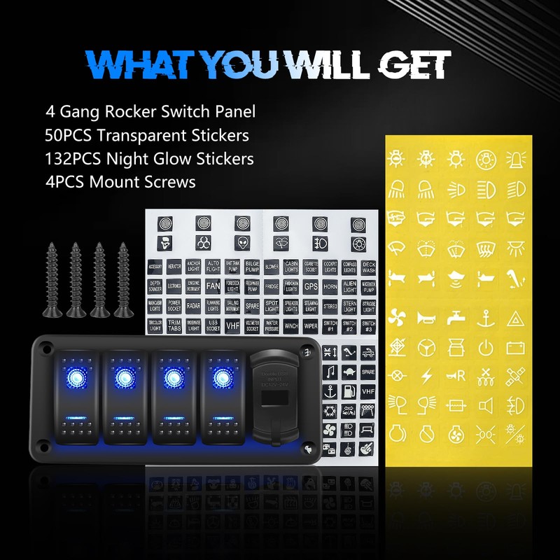 Chelhead 4 Gang Switch Panel with Switch Double USB Charger