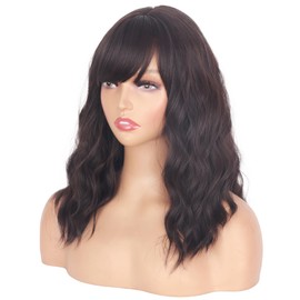SYMEIW Dark Brown Wavy Wigs With Bangs For Women - Synthetic Glueless Wear And Go Brown Wigs For Daily Use Everyday Wear.