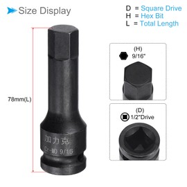 CoCud Impact Hex Bit Socket, 9/16" Hex Bit 1/2" Square Drive 78mm Length, CR-MO Chamfer Design Pin Hole SAE Hex Socket - (Applications: for Automotive Electric Repair)