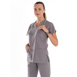 ELLYSHINE Medical Uniforms & Scrubs Set | V-Neck Scrub Top and Drawstring Scrub Pants (XS, Grey)