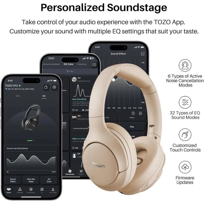TOZO HT2 Hybrid ANC Headphones 60H Playtime, Hi-Res Audio, Bluetooth