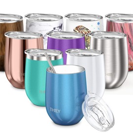 THILY Wine Tumbler Vacuum Insulated Stemless 12 oz Triple-Insulated Stainless Steel Cute Travel Wine Glass with Lid and Straw, Gift Ideas & Presents for Christmas, Sparkle Blue