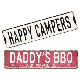 Vintage Happy Campers Daddy's BBQ Metal Signs Set Retro Home Wall Decor for Patio Grill Area DecorColor: C516(2PCS), Size: 10*40cm