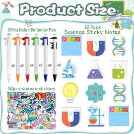 Science Party Stationery Favors with 12 Sticky Notes, 12 Ballpoint Pens and 50 Stickers for Science Themed Birthday Party Decorations Supplies Goodie Bag Fillers School Rewards