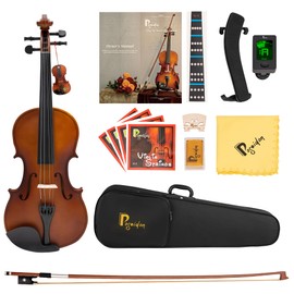 1/4 Size Violin Set for Beginner, Acoustic Violin 1/4 Outfit with Starter Kit for Student (Hard Case, Bow, Rosin, Extra Violin Strings 1/4 Full Set, Shoulder Rest, Clip-on Tuners) - Matte Brown