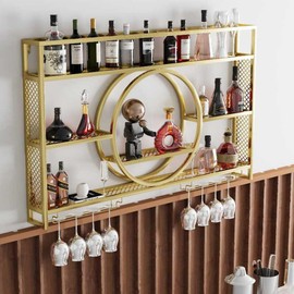 Wine Rack Wall Mounted with Wine Glass Rack Floating Bar Shelves for Liquor Bottles with LED Light Liquor Bottle Display Shelf Wall Bar Cabinet Mini Bar for Home Bar Dining Room Kitchen Living Room(Go