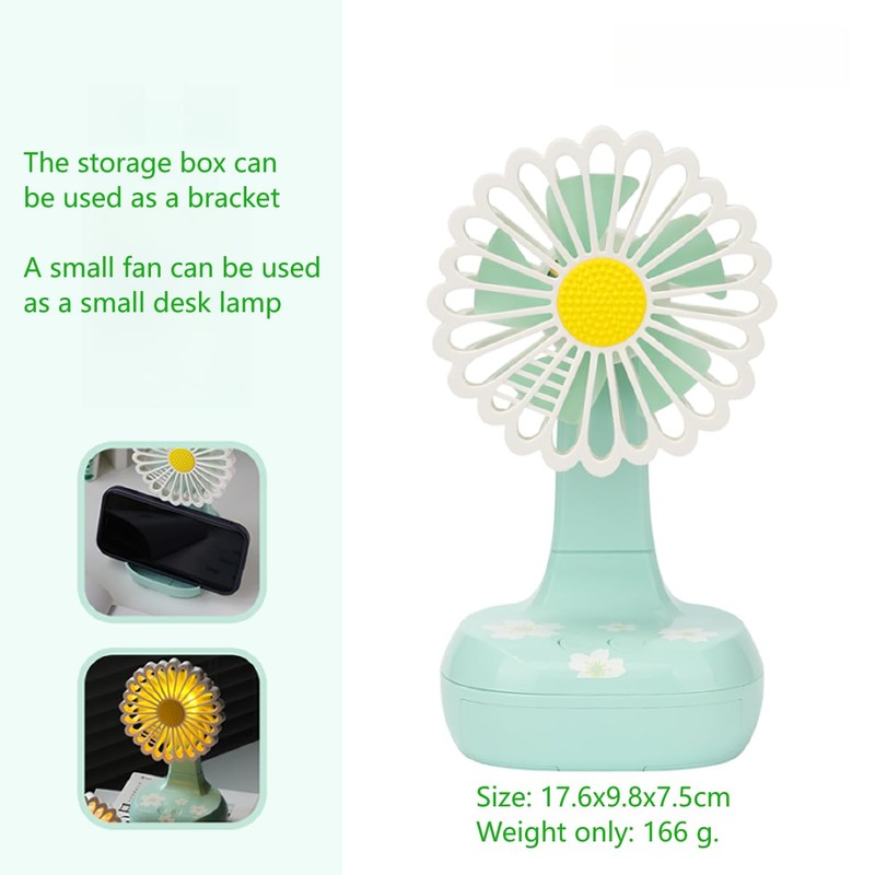 YZYOE Mini Charging Fan with LED Light, Cute Green Chrysanthemum