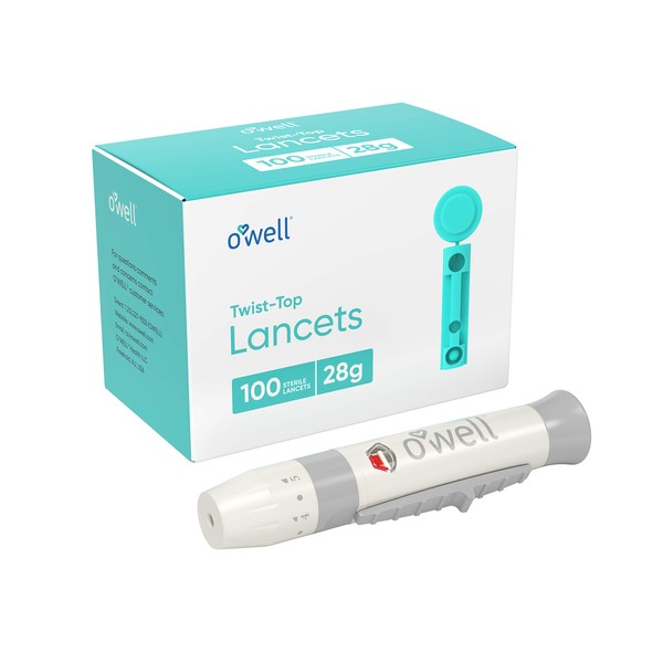 OWell Lancing Device Kit + 100 O'WELL Sterile Twist Top Lancets, 28 Gauge (for Regular-Thicker Skin)