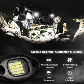 Rock Lights for Trucks & Off-Road Vehicles - 15ft Cables, IP68 Waterproof, Aircraft Aluminum, 6000K Pure White Lights Universal Fit for Jeep, RV, UTV, ATV, Boat, Tractor