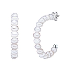 Valero Pearls Women's Creole Earrings 925 Sterling Silver with Freshwater Cultured Pearls Approx. 3.0 - 3.5 mm, Silver