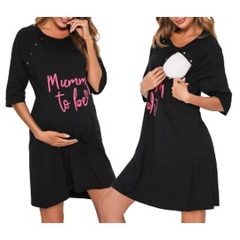 Vlazom Women's Nightdress Women's Pyjamas Summer Sleepwear Maternity Clothing Women's Birth Nursing Nightdress with Full Button Placket, Style C-Black, XXL