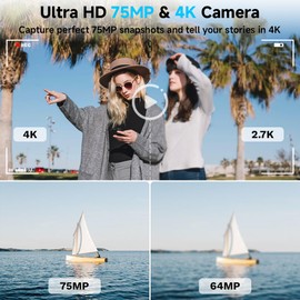 4K Upgrade Touchscreen Digital Camera, 75MP Dual Front & Rear Cameras Sefie, Autofocus, Wi-Fi Sharing, Compact Travel Vlogging Camera for Teens Beginner Kids with 32GB SD Card, 2 Batteries, Lanyard