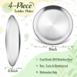 HaWare 4-Piece 18/8 Stainless Steel Plates, Metal 304 Dinner Dishes for Kids Toddlers Children, 9 Inch Feeding Serving Camping Plates, Reusable Dinnerware, Shatterproof & Non-Toxic, Dishwasher Safe