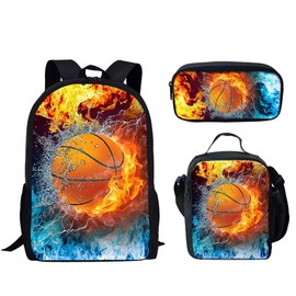 Biyejit Red Blue Fire Basketball Print School Backpack Set with Lunch Box and Pencil Case for Primary Elementary Boys Girls, Lightweight Children Teens School Bookbag, Set 3 in 1
