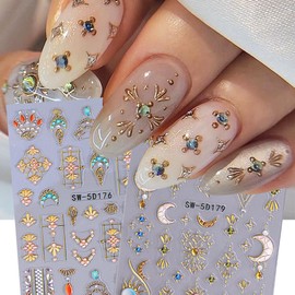 2 Pcs Boho Sun Moon Nail Stickers for Nail Art, Gold 5D Embossed Self-Adhesive Moon Sun Nail Decals, Gothic Nail Supplies Nail Art Design Accessories for Women and Girls Manicure DIY Decoration