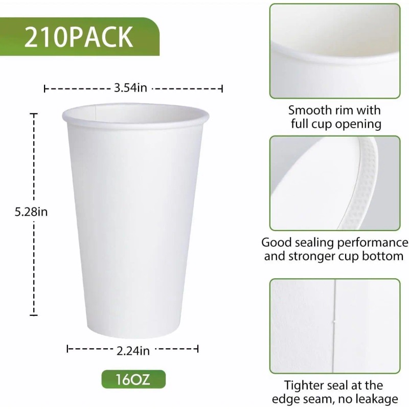210 Pack 16 oz Disposable White Coffee Cups Hot/Cold Beverage