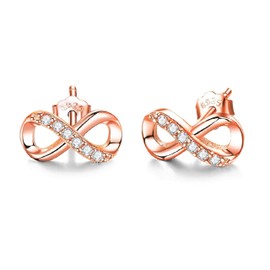 Bellitia Jewelry Infinity CZ Stud Earrings Ladies Zirconia Ear Studs, Rose Gold Plated 925 Sterling Silver Number Eight Stud Earrings for Women