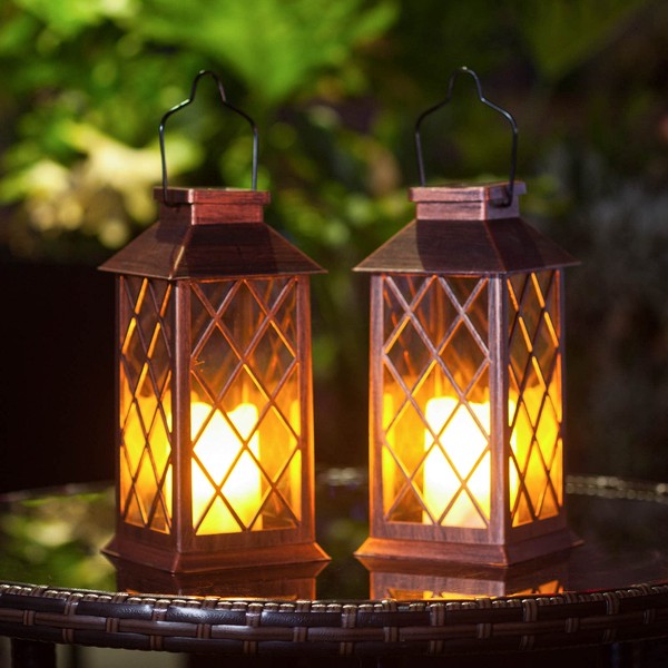 2 Pack Homeimpro Solar Lantern Hanging Garden Outdoor Lights Flickering Flameless Candle Waterproof LED Lamp for Table Patio Lawn