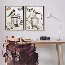 Stupell Industries Vintage Perched Bird Cage Butterfly Timeless Cursive 2pc set Framed Wall Art, Design by Nan
