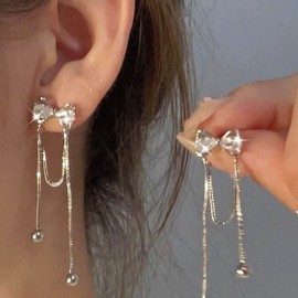Atentuyi Bow CZ Stud Earrings Silver Chain Drop Earrings CZ Bow Earrings Chain Dangle Earrings Bow Crystal Earrings Chain Tassel Earrings Long Chain Earrings Jewellery for Women and Girls
