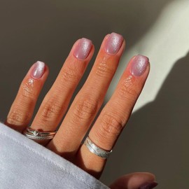 SXVME Short Press On Nails Square - Cat Eye Pink Fake Nails Acrylic Press ons Glue on Nails Opaque Glitter Short False Nails in 30 Pcs for Women