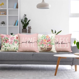 KISVODS Spring Pillow Covers 18x18 Pink Spring Summer Farmhouse Decorations Floral Throw Pillow Covers Home Sweet Home Cushion Case for Sofa Couch Set of 4