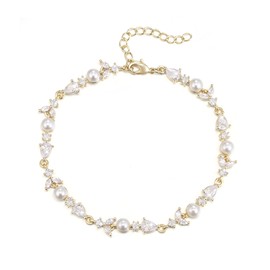 Ever Faith Gorgeous Cubic Zirconia Wedding Faux Pearl Bracelet for Bride Bridesmaids, Clear Marquise Teardrop Crystal White Gold Plated Bridal Jewellery for Women Prom