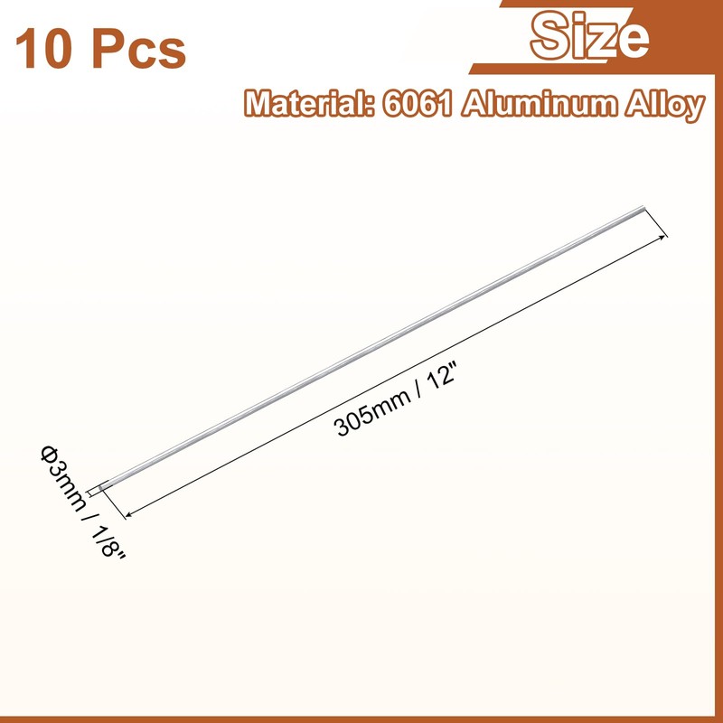 sourcing map 10Pcs 1/8"(3mm) Dia Round Aluminum Rod, 12"(305mm) Long