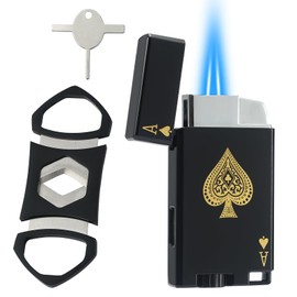 Haillai Torch Lighter and Cutter Set, Adjustable Double Jet Flame Lighter with Protect Cover, Refillable Windproof Butane Lighter with Keyhole, Gifts for Men. Black(Sold Without Gas)