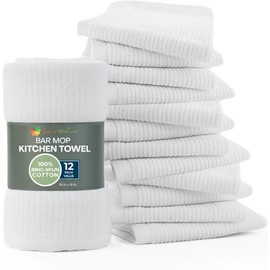 Bar Towels - 16" x 19" Bar Mop Cleaning Dish Rags, 12-Pack | Dish Towels, Premium Ring-Spun 100% Cotton Dish Cloths, Super Absorbent Kitchen Towels, Bar Mop Towels, (White)