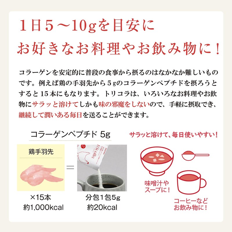 【低分子コラーゲン】トリコラ 鶏コラーゲン 分包タイプ 5g×30個 1ヵ月セット
