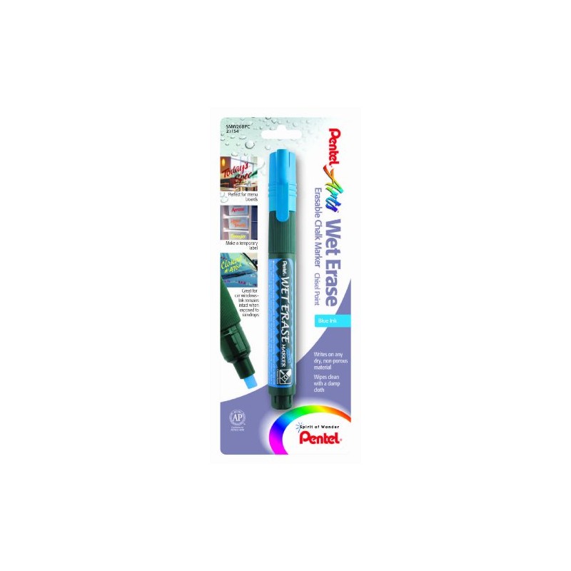 Pentel Arts Wet Erase Chalk Marker, Chisel Tip, Blue Ink,