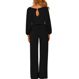Rseoutlh Women's Casual Jumpsuits Crewneck Loose Fit Belted Long Sleeve Wide Leg Formal Jumpsuits with Pockets(Black-L)