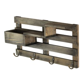 Owlgift Wooden Floating Shelves Key and Mail Holder for Wall, Mail Organizer Wall Mount with 4 Hooks and Storage Shelf, Easy Installation Key Rack for Entryway and Home Décor, Vintage Gray