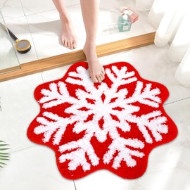 JarThenaAMCS Christmas Bathroom Rug Absorbent Snowflake Bath Mat Non Slip Red Shower Rug Front Door Mat Carpet for Winter Xmas Home Room Entrance, 24" x 24"