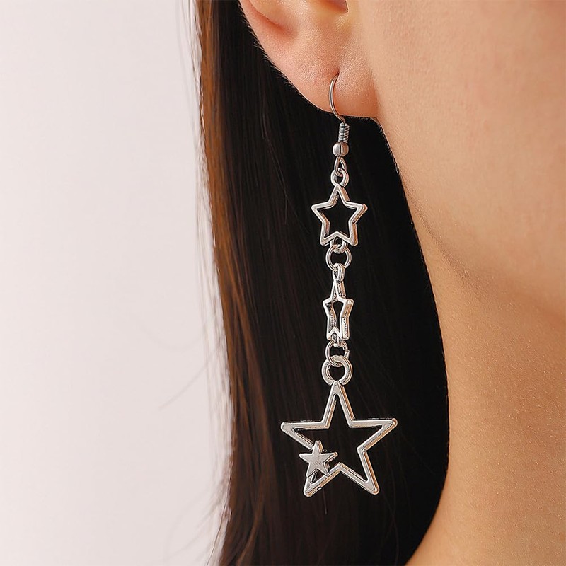 Boho Silver Star Drop Dangly Earrings for Women, Statement Retro