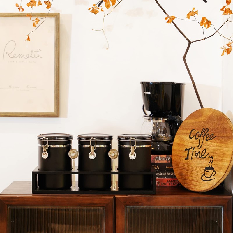 Yangbaga 3x63OZ Sugar Coffee Canisters with Shelf, 304 Stainless Steel
