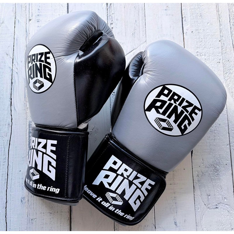 PRIZE RING "Professional 5.0" Genuine Leather Boxing Gloves Gray/Black (10oz)