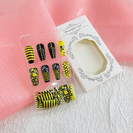 Square Press on Nails Long Coffin Fake Nails with Designs Bee Glue on Nails Yellow Acrylic False Nails Glossy Artificial Nails Full Cover Stick on Nails for Coquette Women 24Pcs