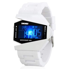 Gosasa Men Sports Military Watches Digital Airplane Shaped LED Colorful Light Watches (Black) (White)