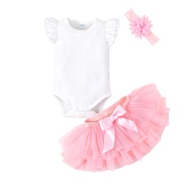 LYSMuch - Conjunto de traje de bebé para niñas de 0 a 24 m, falda tutú con cubierta de pañales+body con volantes y diadema, Rosado, 12-18 Meses
