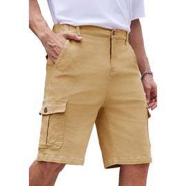 WICUSION Mens Twill Cargo Shorts Relaxed Fit Elastic Waist Oversized Stretch Cotton Shorts Light Khaki