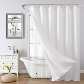 VANZAVANZU All-in-One Shower Curtain Set for Bathroom Enhanced 3D Waffle Fabric Shower Curtain with PEVA Waterproof Liner & 12 Upgraded Anti-Fall Hooks Heavy Duty Bath Tub Curtain 72"x72" (White)