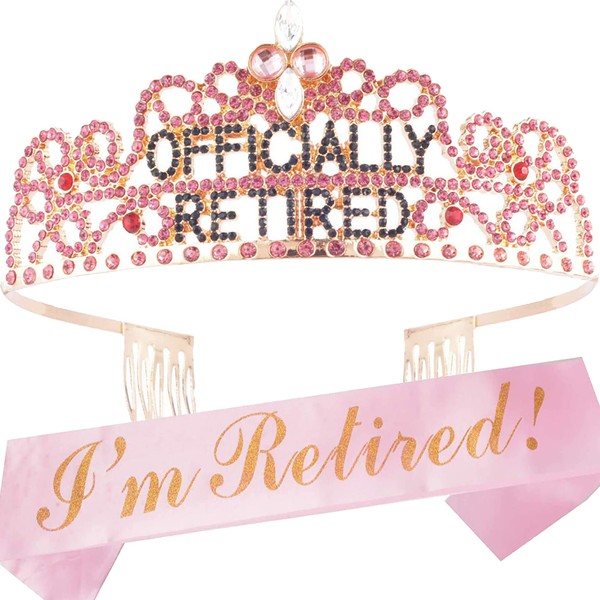 Retirement Decorations Party Sash and Crown for Women - Fabulous Set: Glitter Sash + Pink Rhinestone Premium Metal Tiara - Christmas Gift for Her