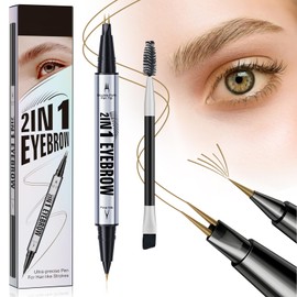 Microblading Eyebrow Pen, Eyebrow Pencil Brown Hair Like Natural Liquid Brow Contouring Pen, 2-in-1 Dual-Ended Long Lasting Eye Brow Filler Pencil with Precise 2 Micro-Fork-Tip (Light Brown)