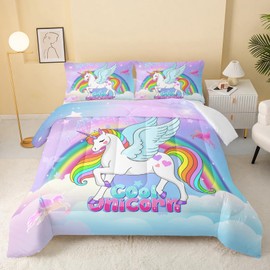 QOOMO Rainbow Unicorn Comforter Twin Size,Castle Kids Comforter Set,3Pcs Bedding Set Printed Comforter with 2 Pillowcases,Soft and Lightweight,for All Seasons