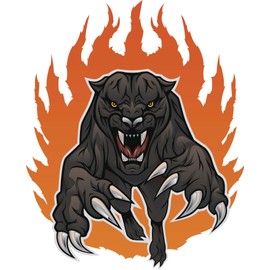 Angry Aggressive Jumping Black Panther in Fire Cartoon Vinyl Decal Sticker (12" Tall)