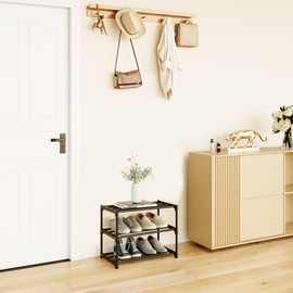 COAPUKT Metal Stackable Small Shoe Rack Organizer, Narrow Shoe Racks for Closets Entryway, Shoe Stand,Shoe Shelf with Handle (3-Tier-Black)