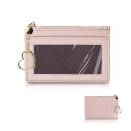 Energather Slim Minimalist Wallet for Women, PU Leather Front Pocket Credit Card Holder Wallet with Heart Shaped Zipper, Card Holder Small Wallet for Shopping Daily Travel (Pink)