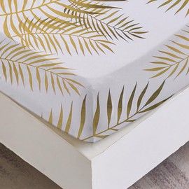 Fitted Sheet 160 x 200 cm - Gold Leaves Pattern - Fitted Sheet up to 30 cm Mattress Height - Flat Sheet Soft Polyester Microfibre White